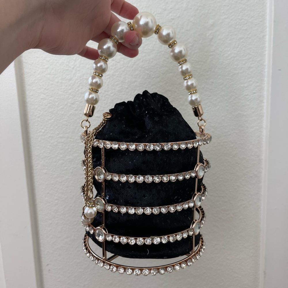 Pearl Black and Gold Pearl-Embellished Cage Handbag